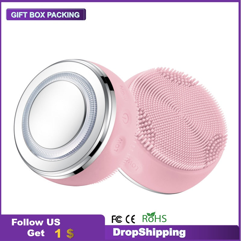 EMS Electric Facial Cleansing Brush LED Phototherapy Skin Tightening Face Massager Silicone Facial Exfoliating Cleaner Brushes