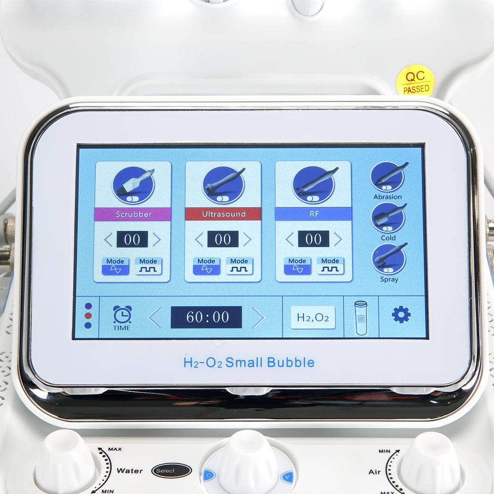 Water Dermabrasion Machine with RF, cold, and ultrasound features for facial cleaning, tightening, and rejuvenation.