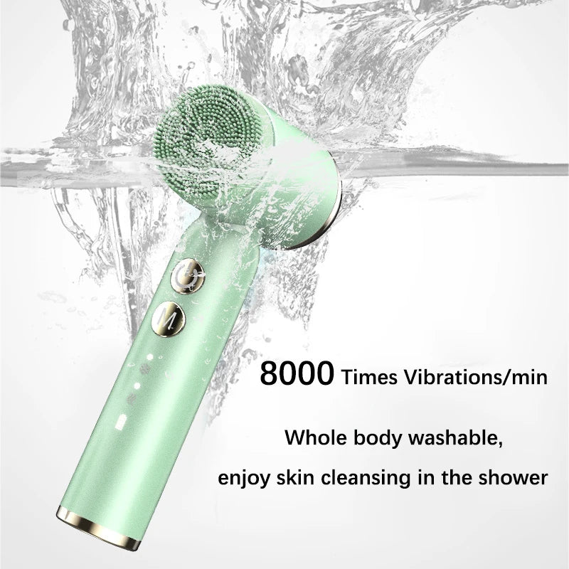 Vibrating exfoliator cleans skin thoroughly in showers with ease.