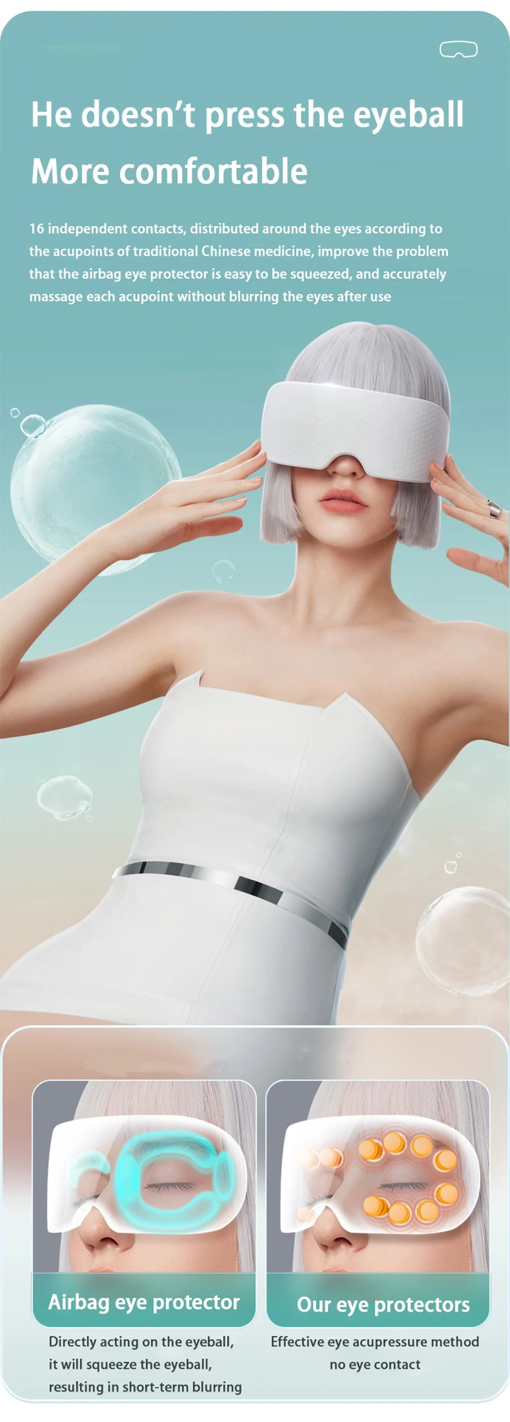 3D Vibration Eye Massager with precise contacts, mimicking traditional Chinese medicine acupoints, for accurate massage without pressure on eyeball.