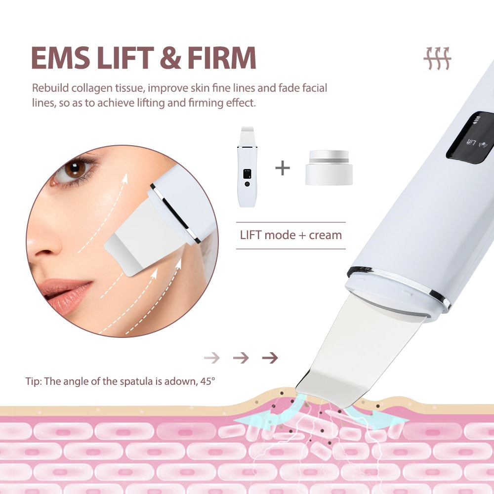 Máquina de Peeling Ultrassônico Visor LCD EMS Íon Negativo Íon Negativo Máscara de Exportação Levantamento Refirmante Limpeza Facial Esfregão