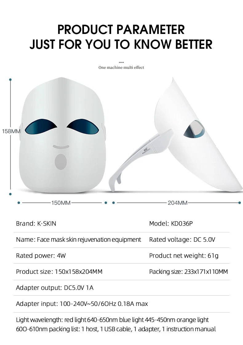 LED facial mask with 3 colors, photon therapy for skin rejuvenation, acne removal, and wrinkle reduction.