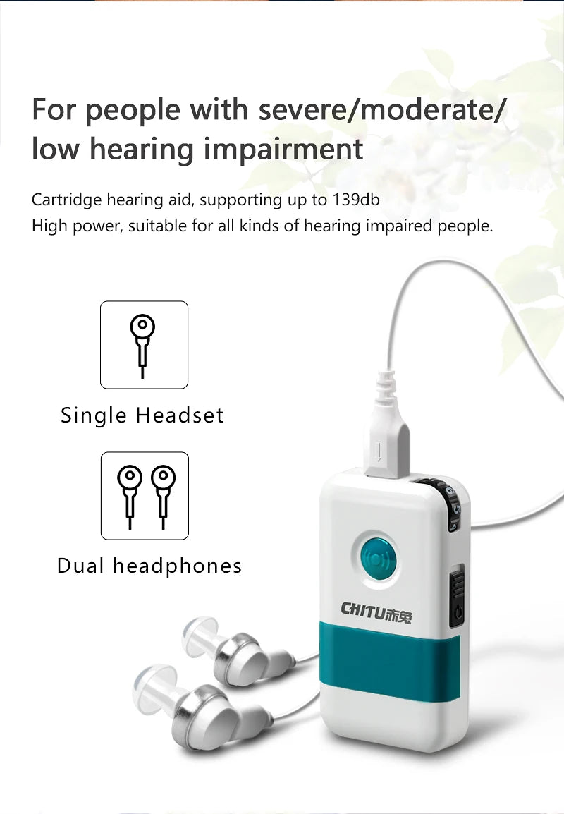 Rechargeable hearing aid for severe to low hearing impairment, supports high-power audio up to 139db.