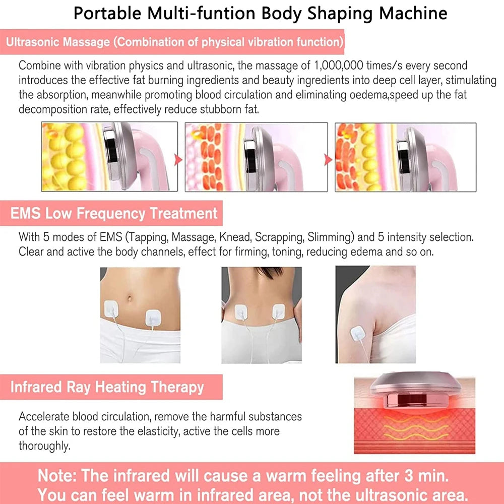 Ultrasonic fat remover and massager for slimming, firming, and reducing cellulite.