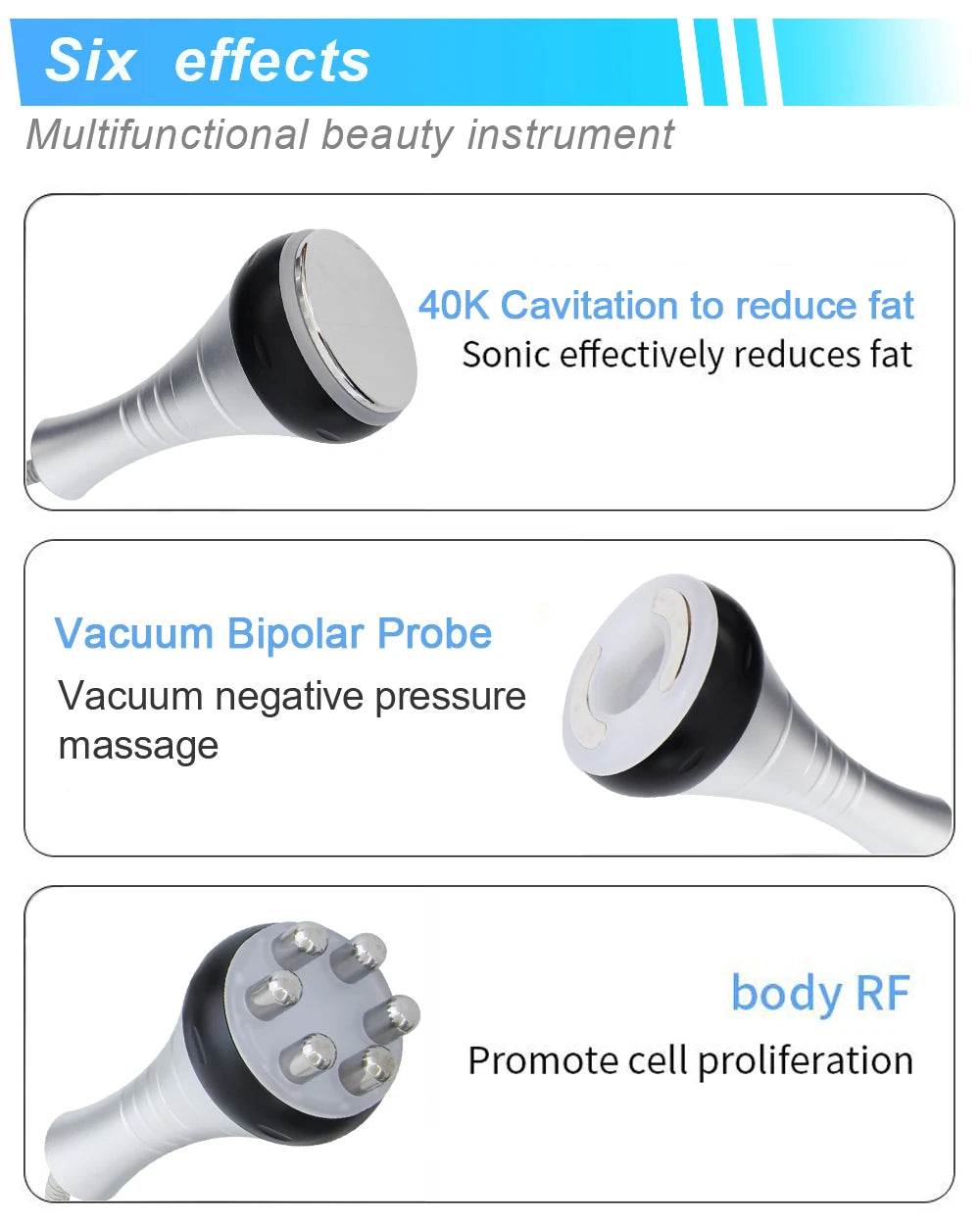 Non-invasive beauty device combines 6 functions for skin rejuvenation, fat reduction, and cell growth promotion.