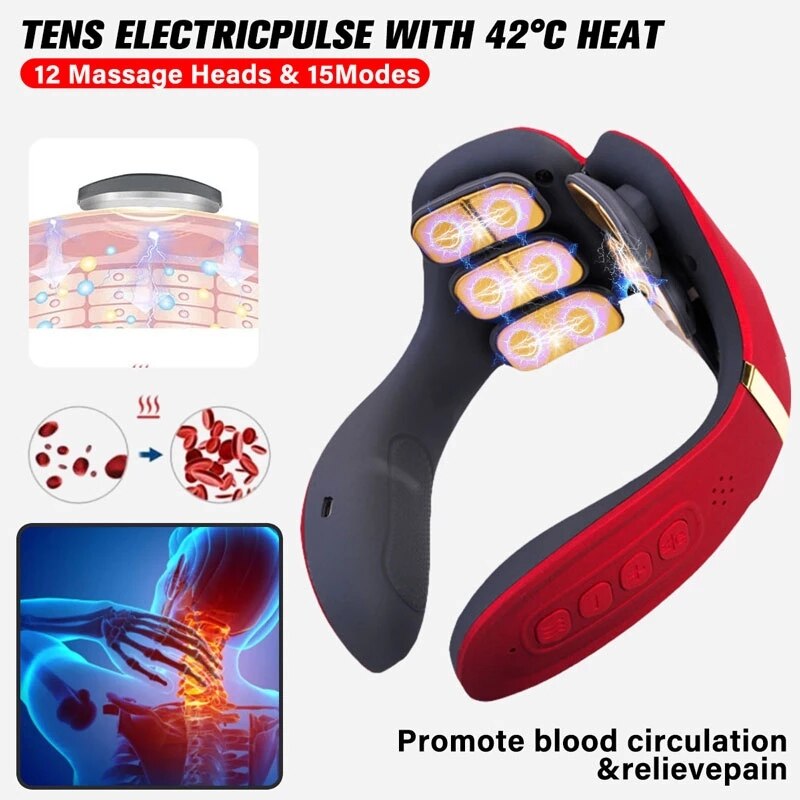 Heating12 Heads Back and Neck Massager 15 Gears Electric Neck Massager Instrument Massager For Neck Aliviar Espondilose Cervical