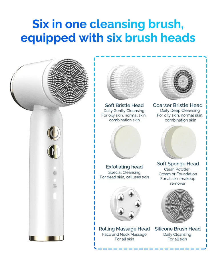 Multi-purpose cleansing brush with six interchangeable heads for various skin types and needs.