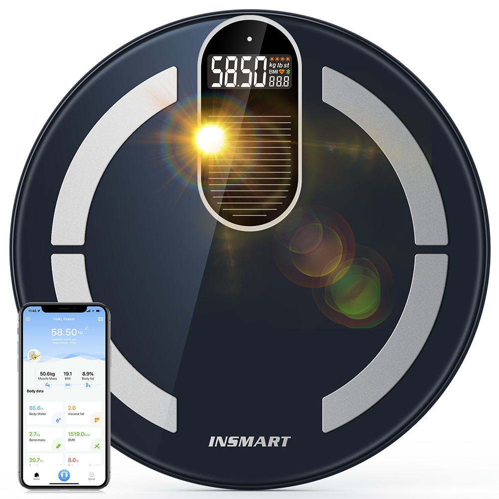 INSMART Body Digital Weight Scale Solar &amp; Light Energy Charging Smart Scale Balance Bioimpedance Body Fat Bathroom Scales BMI