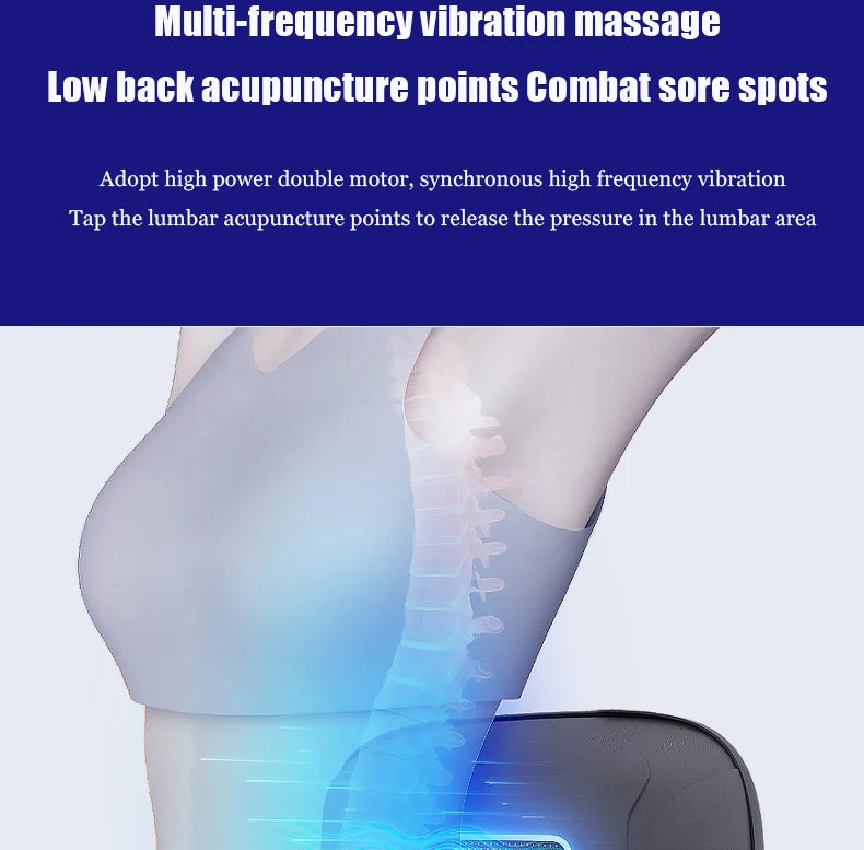 Relieve back pain with synchronized vibrations targeting acupressure points, easing tension and discomfort.