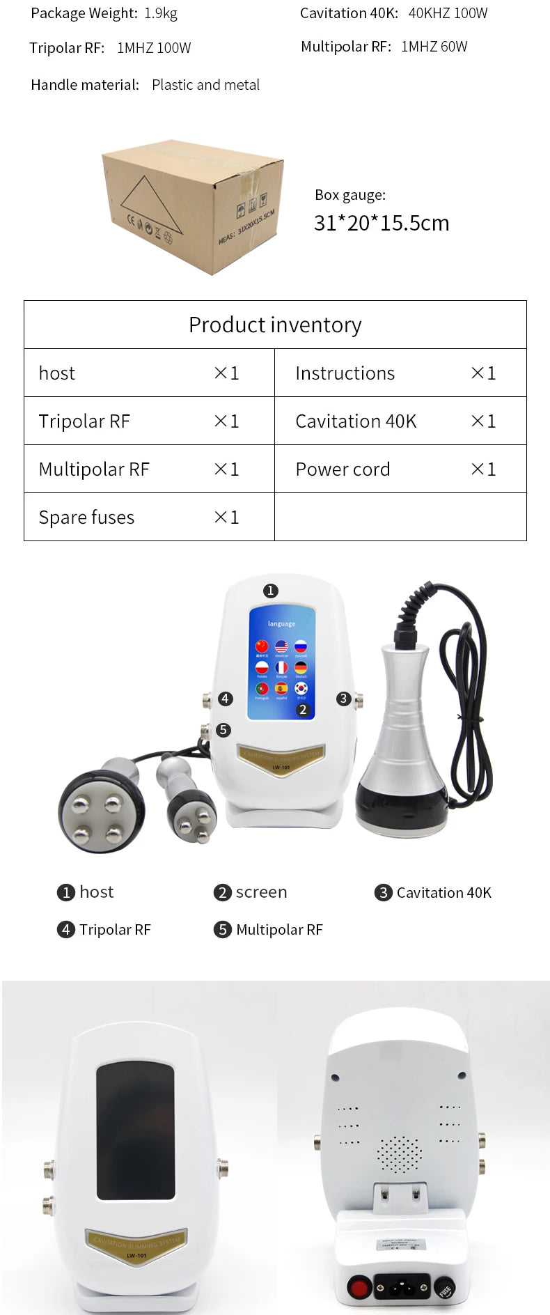 Non-invasive body contouring and anti-aging machine using radio frequency cavitation technology.