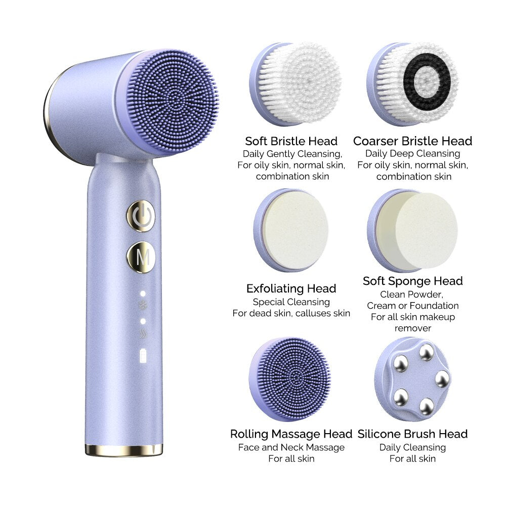 Ultrasonic Electric Face Cleansing Brush Hot Cool Sonic Facial Exfoliating 6 In 1 Face Cleaner Skin Rejuvenation Massage