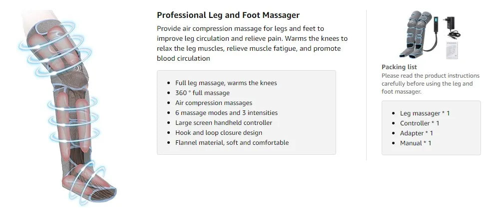 Relaxing air compression massage for legs and feet with 3 modes, 3 intensities, and handheld controller.