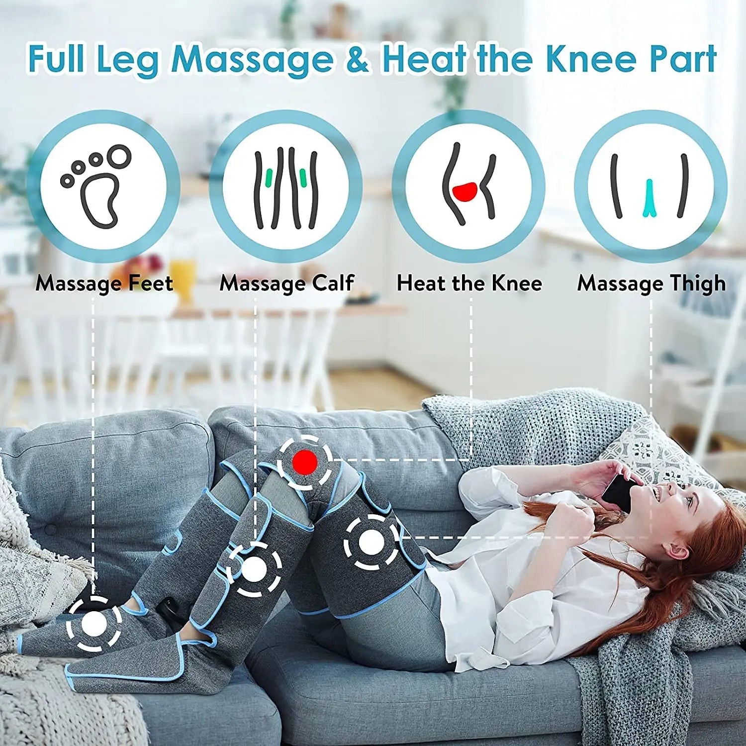 Multi-functional massager for leg, knee, foot, and calf massage with heat therapy.