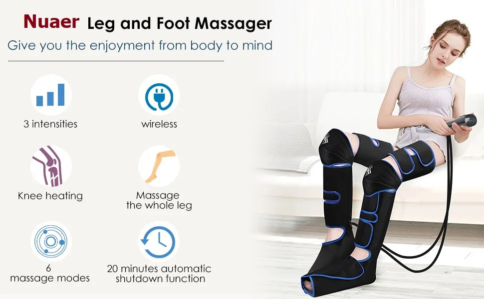 Massage device for legs and feet with adjustable intensity and heat.