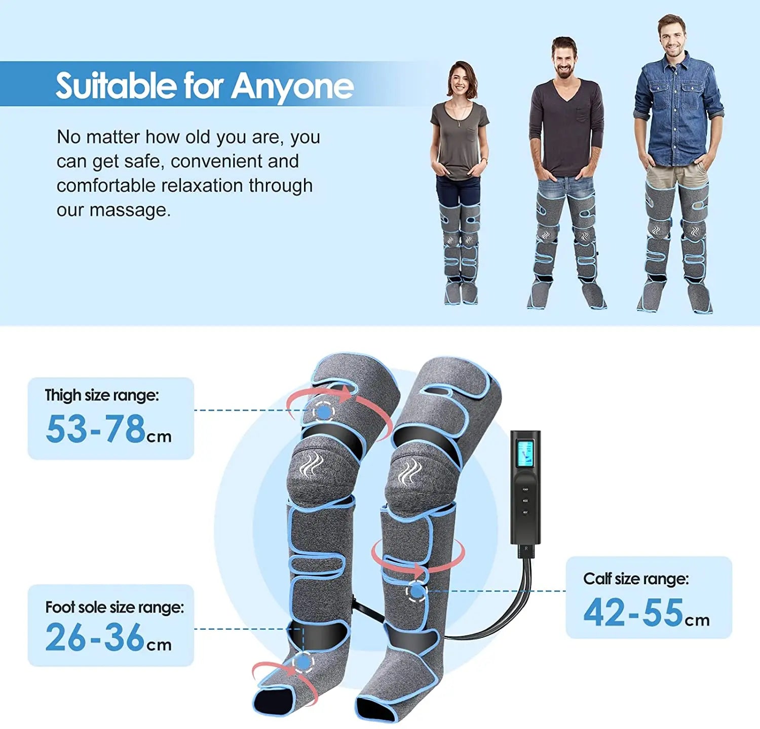 Leg massager for comfortable relaxation at home, adjustable for various leg sizes.