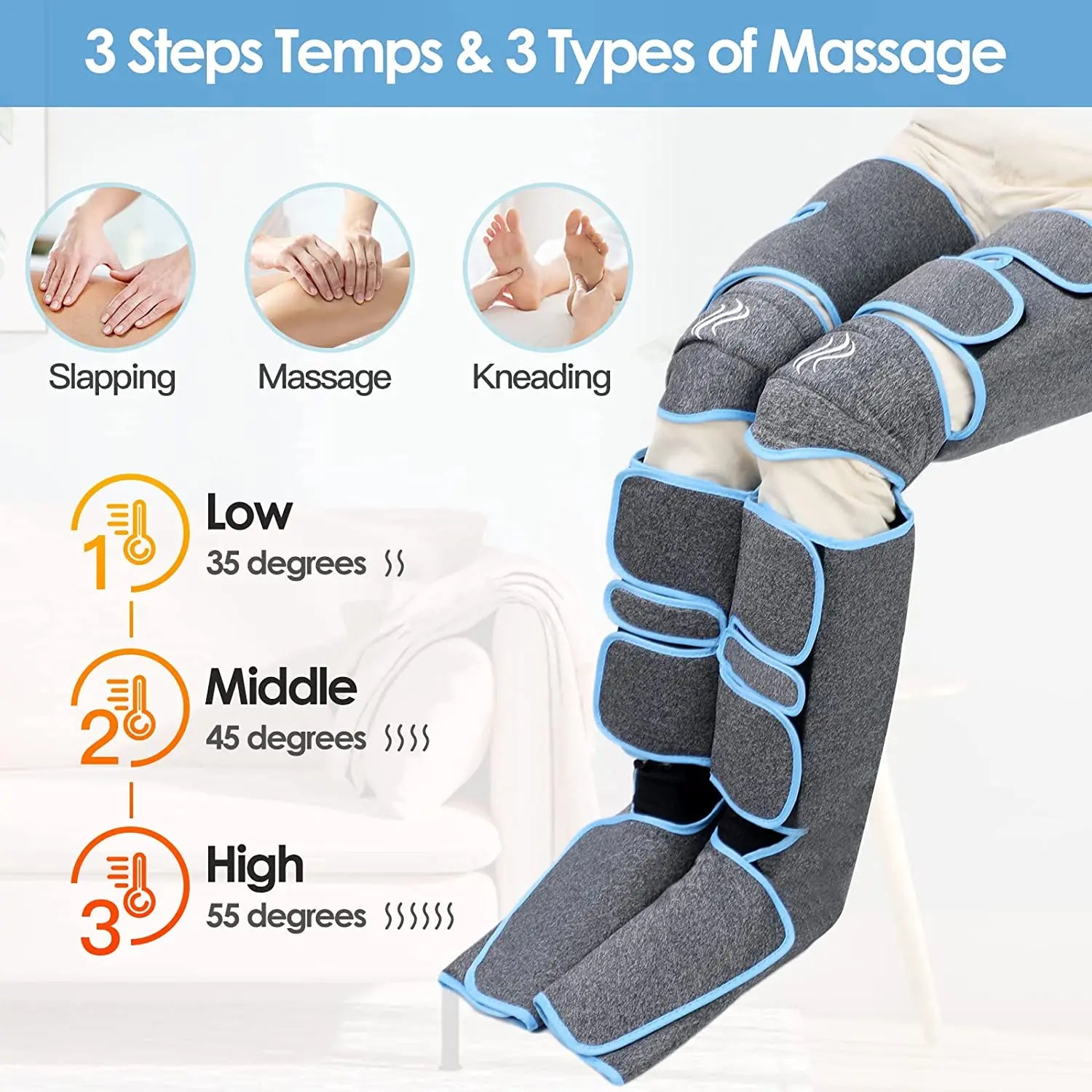 Three massage modes: Slapping, Kneading, and Temperature (35-55°C) for relaxation.