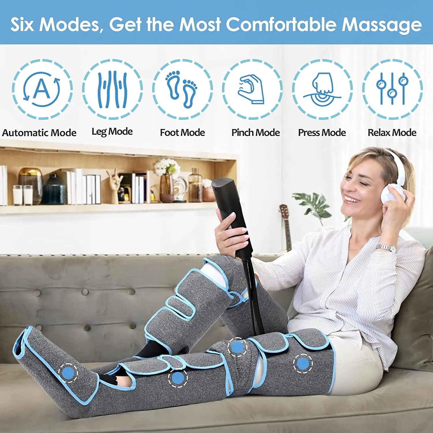 Massage modes include automatic, leg, foot, pinch, press, and relax for ultimate muscle relaxation.