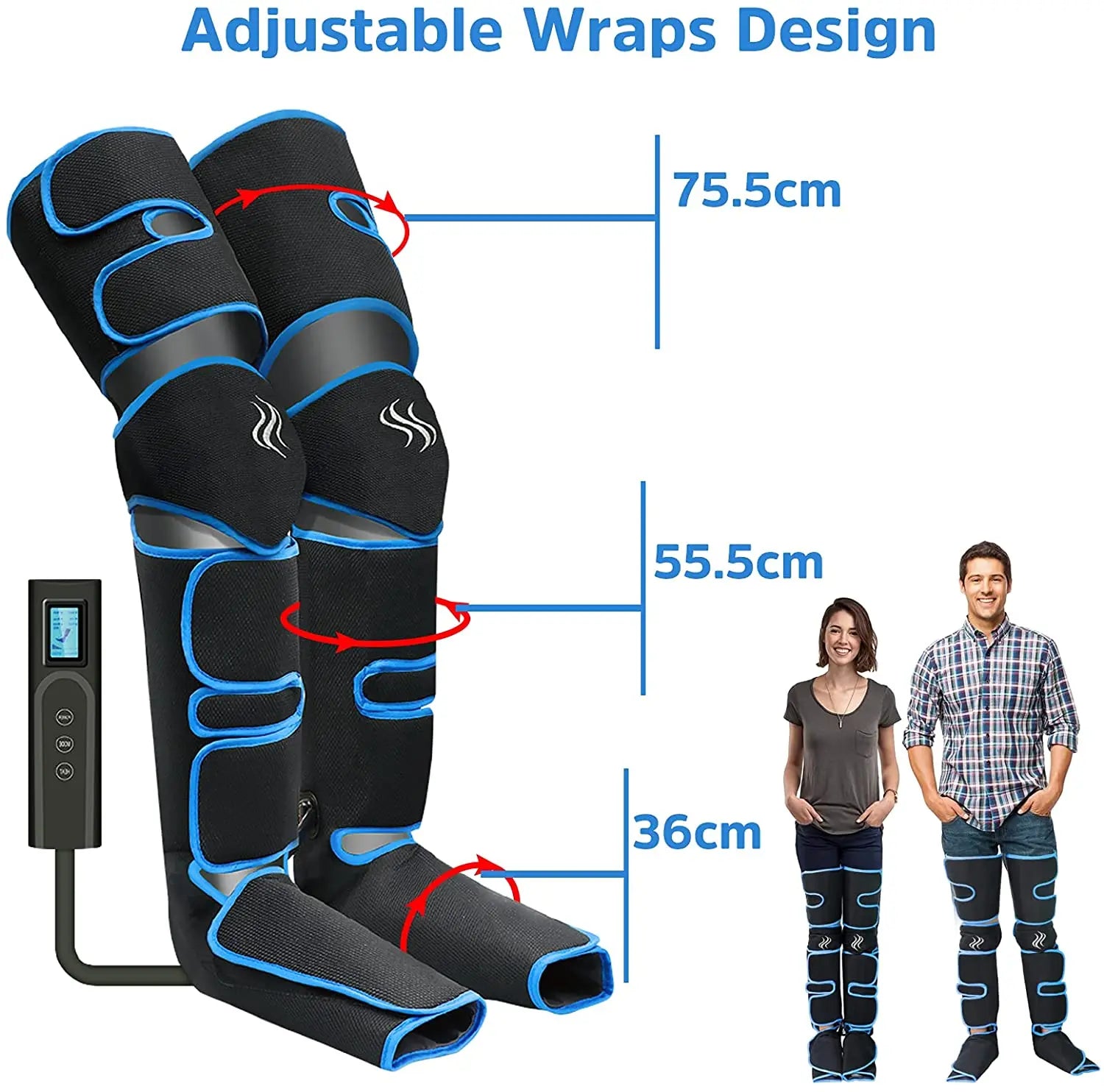 Customizable wrap provides adjustable comfort with options for 75cm, 55cm, and 36cm sizes.