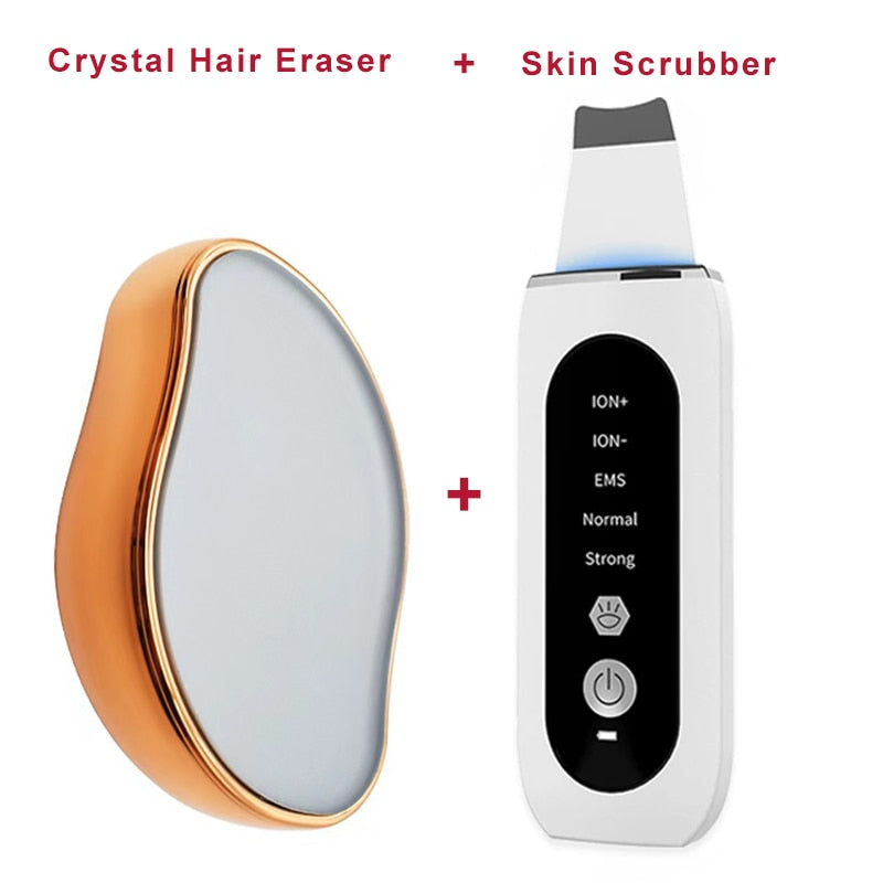 Scrubber ad ultrasuoni per la pelle Luce blu rossa Pulizia profonda del viso Peeling Pulizia dei pori + Depilazione fisica dei cristalli Bleame Hair Eraser