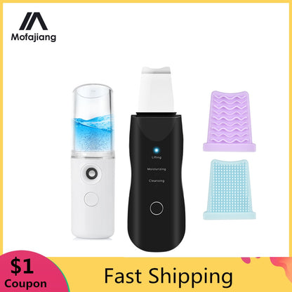 Ultrasonic Skin Scrubber Skin Spatula Ion Deep Facial Cleanser Cleansing Peeling Massage Machine Mist Sprayer Blackhead Remover