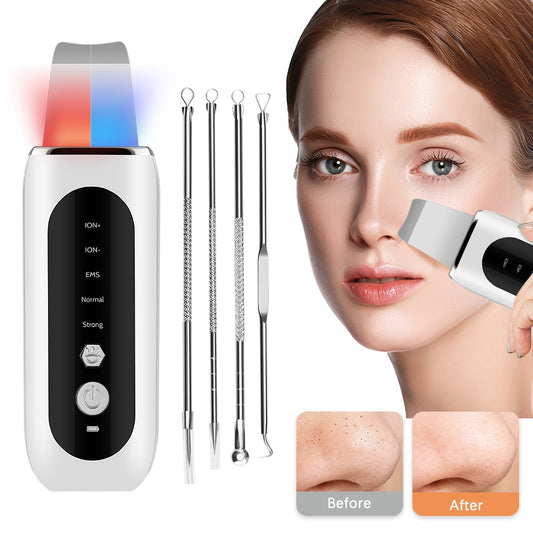 Ultrasonic Face Skin Scrubber Skin Shoveling EMS Micro-current Ion Import Facial Skin Lift Pore Clean Red Blue Light Beauty Tool