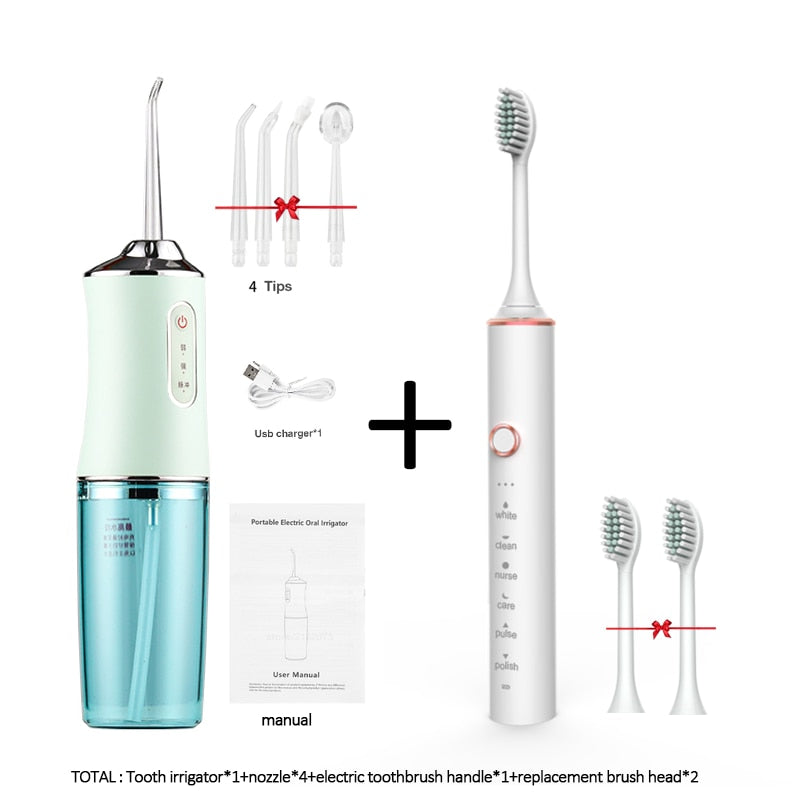 Oral irrigator portable dental water flosser with 4 nozzles usb rechargeable electric toothbrush ipx7 replacement brush head