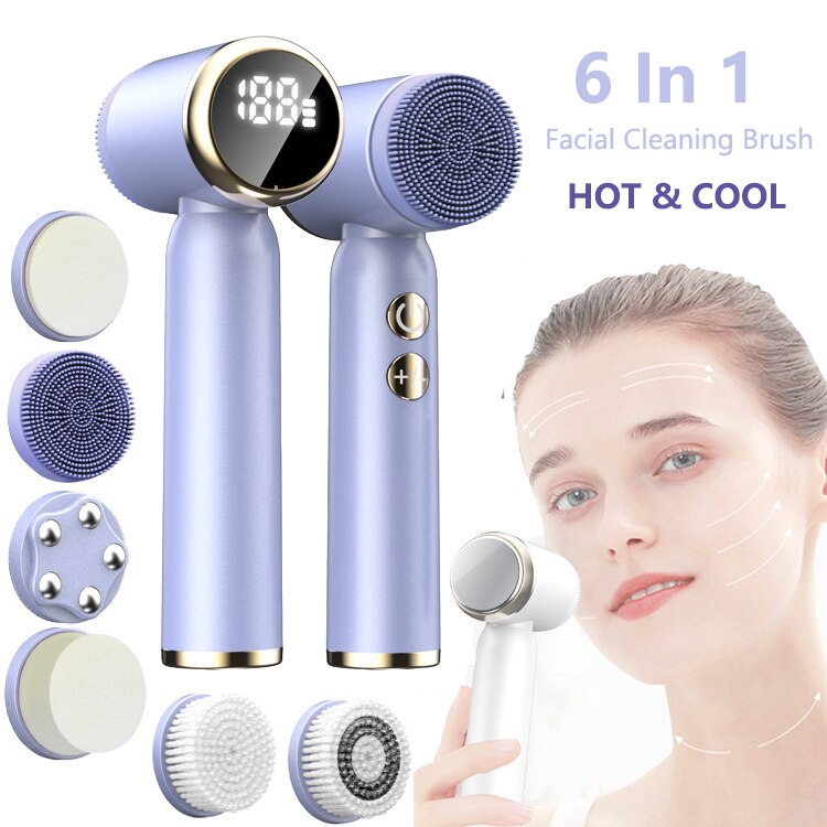 6 In 1 Hot Cool Face Cleansing Brush Electric Facial Brush Deep Cleaning Pore Cleaner LCD Vibration Lifting Skin Firming Massage