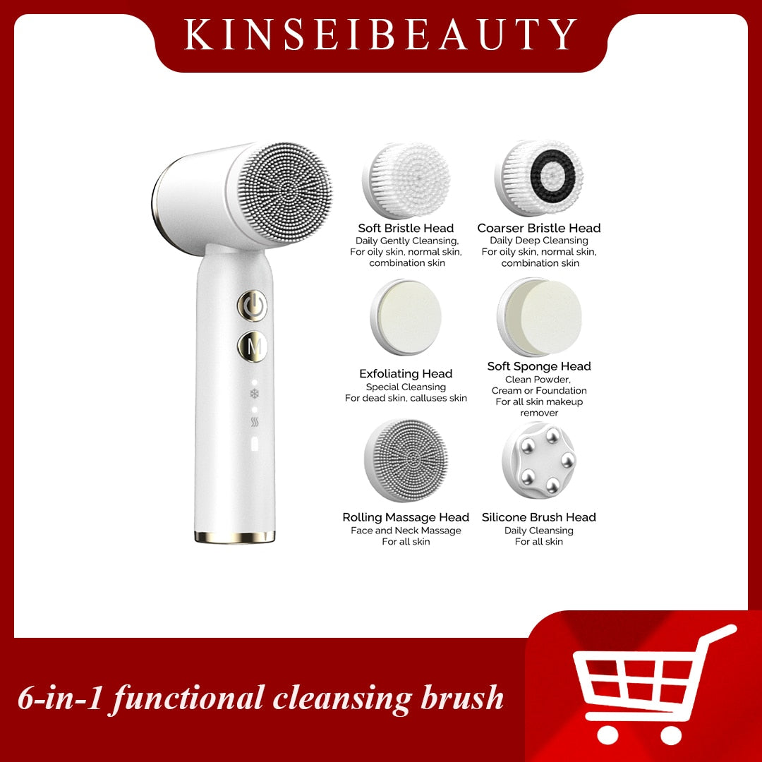 Ultrasonic Electric Face Cleansing Brush Hot Cool Sonic Facial Exfoliating 6 In 1 Face Cleaner Skin Rejuvenation Massage