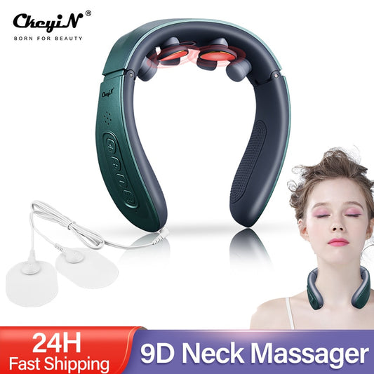 CkeyiN 9D Electric TENS Pulse Neck Massager Heat Rechargeable Cervical Vertebra Relax Pain Relief Kneading Massage Electrode Pad