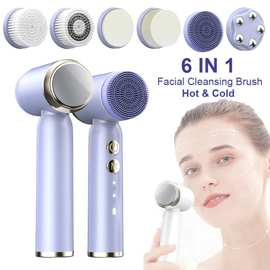 6 In 1 Ultrasonic Electric Face Cleansing Brush Silicone Hot Cool Sonic Facial Exfoliating Cleaner Skin Rejuvenation Massage NEW