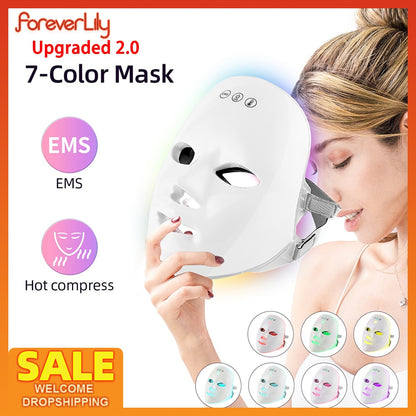 Wireless 2.0 EMS Hot Compress LED Facial Beauty Mask 7 Colors LED Photon Rejuvenation Mask Firm Skin Anti Acne Wrinkle Removal