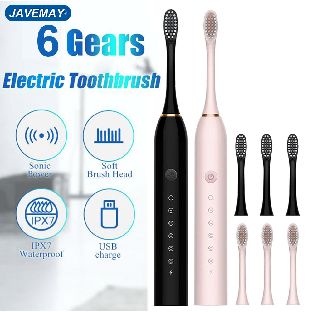 Sonic Electric Toothbrush for Adult Kids Timer Brush 6 Mode USB Charger Rechargeable Tooth Brushes Replacement Head JAVEMAY J189