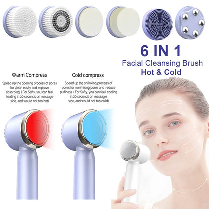 New 6 In 1 Hot Cool Electric Face Cleansing Brush Deep Pore Cleaner LCD Display Vibration Face Lifting Skin Firming Massage